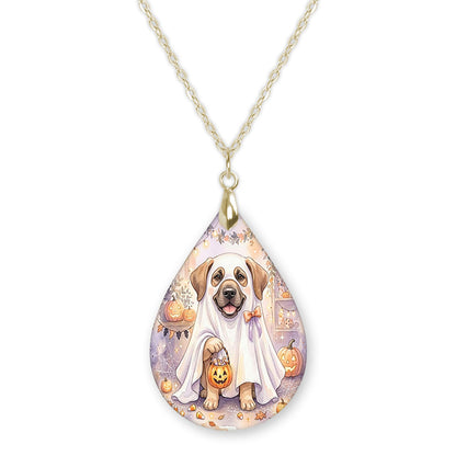 Great Dane ghost teardrop pendant necklace on a gold-tone chain
