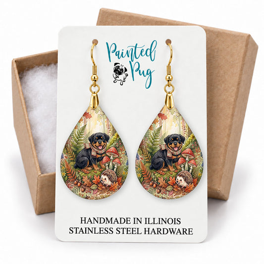 Rottweiler woodland teardrop earrings on a Painted Pug earring card with a kraft gift box