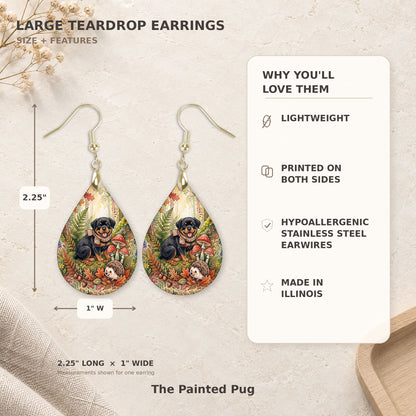 Size and features guide for the Rottweiler woodland teardrop earrings, 2.25 inches long by 1 inch wide