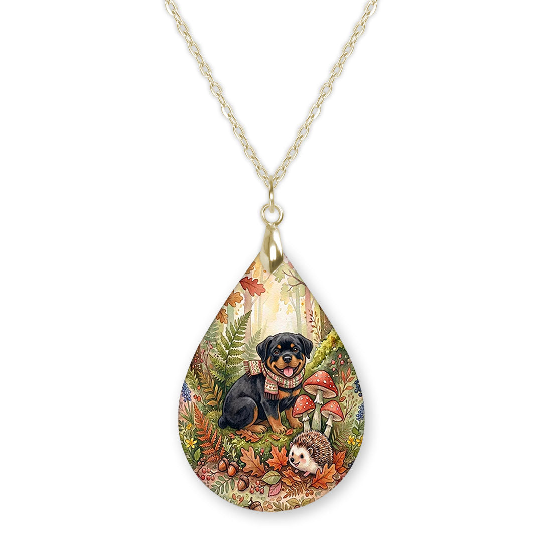 Rottweiler woodland teardrop pendant necklace on a gold-tone chain