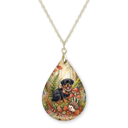 Rottweiler woodland teardrop pendant necklace on a gold-tone chain