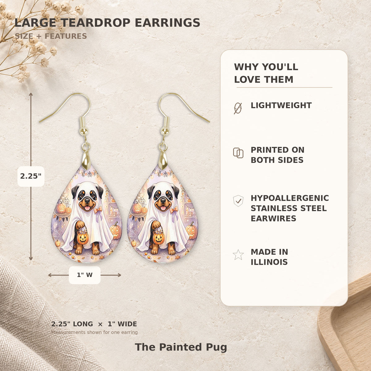 Size and features guide for the Rottweiler ghost teardrop earrings, 2.25 inches long by 1 inch wide