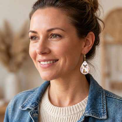 Model wearing Rottweiler ghost teardrop earrings with gold-tone hooks