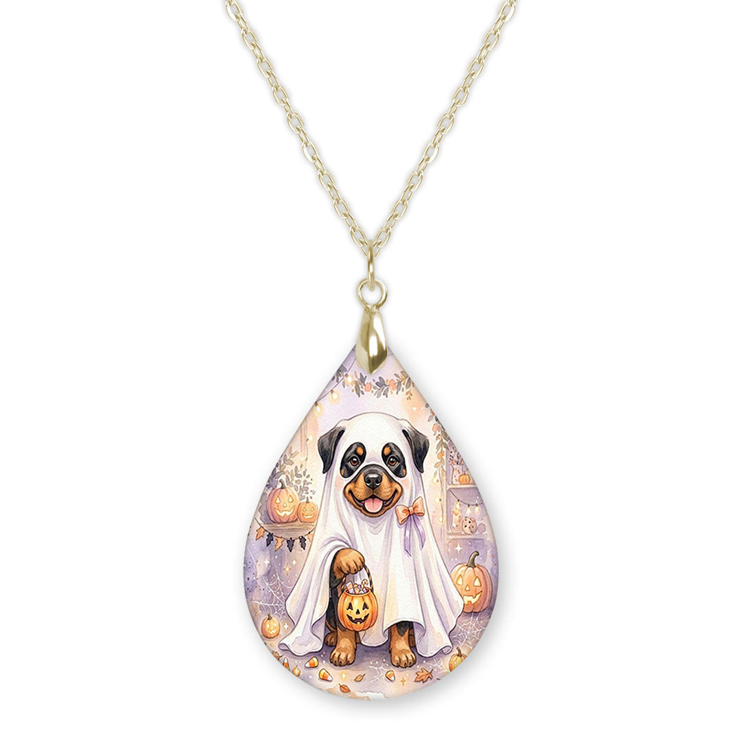 Rottweiler ghost teardrop pendant necklace on a gold-tone chain