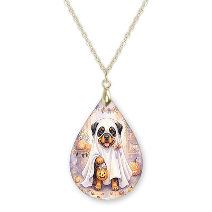 Rottweiler ghost teardrop pendant necklace on a gold-tone chain