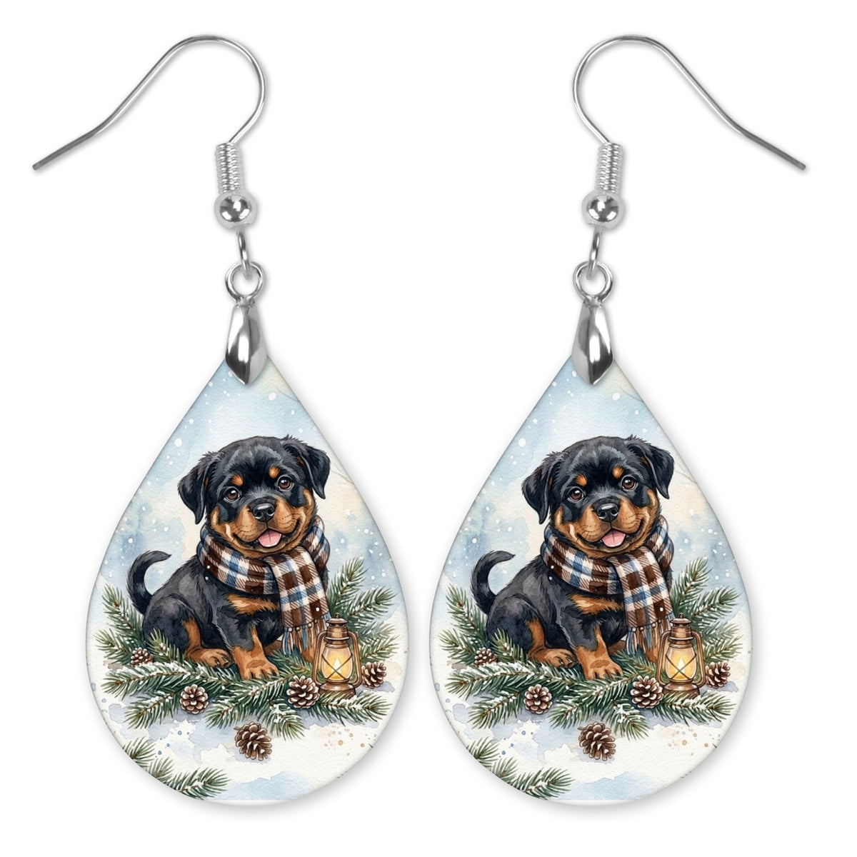 Rottweiler Winter Woodland teardrop earrings with silver-tone hooks