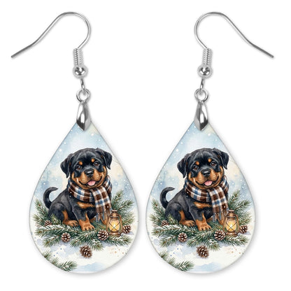 Rottweiler Winter Woodland teardrop earrings with silver-tone hooks