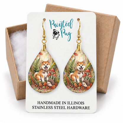 Akita woodland teardrop earrings on a Painted Pug earring card with a kraft gift box