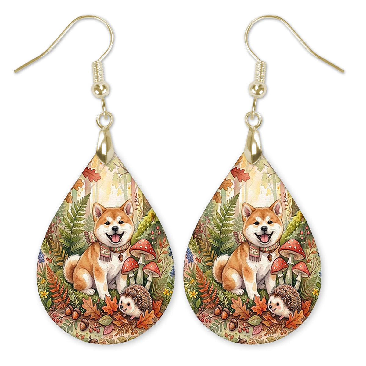 Akita in an autumn woodland teardrop earrings with gold-tone hooks
