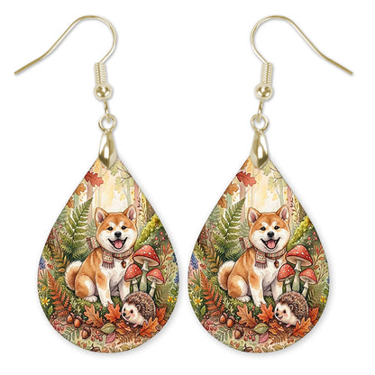 Akita in an autumn woodland teardrop earrings with gold-tone hooks