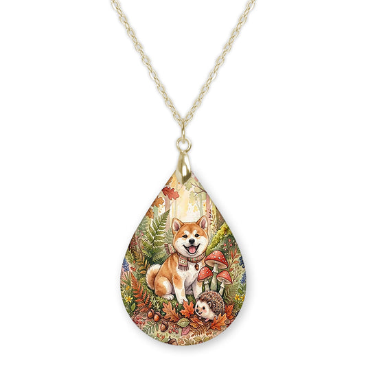 Akita woodland teardrop pendant necklace on a gold-tone chain