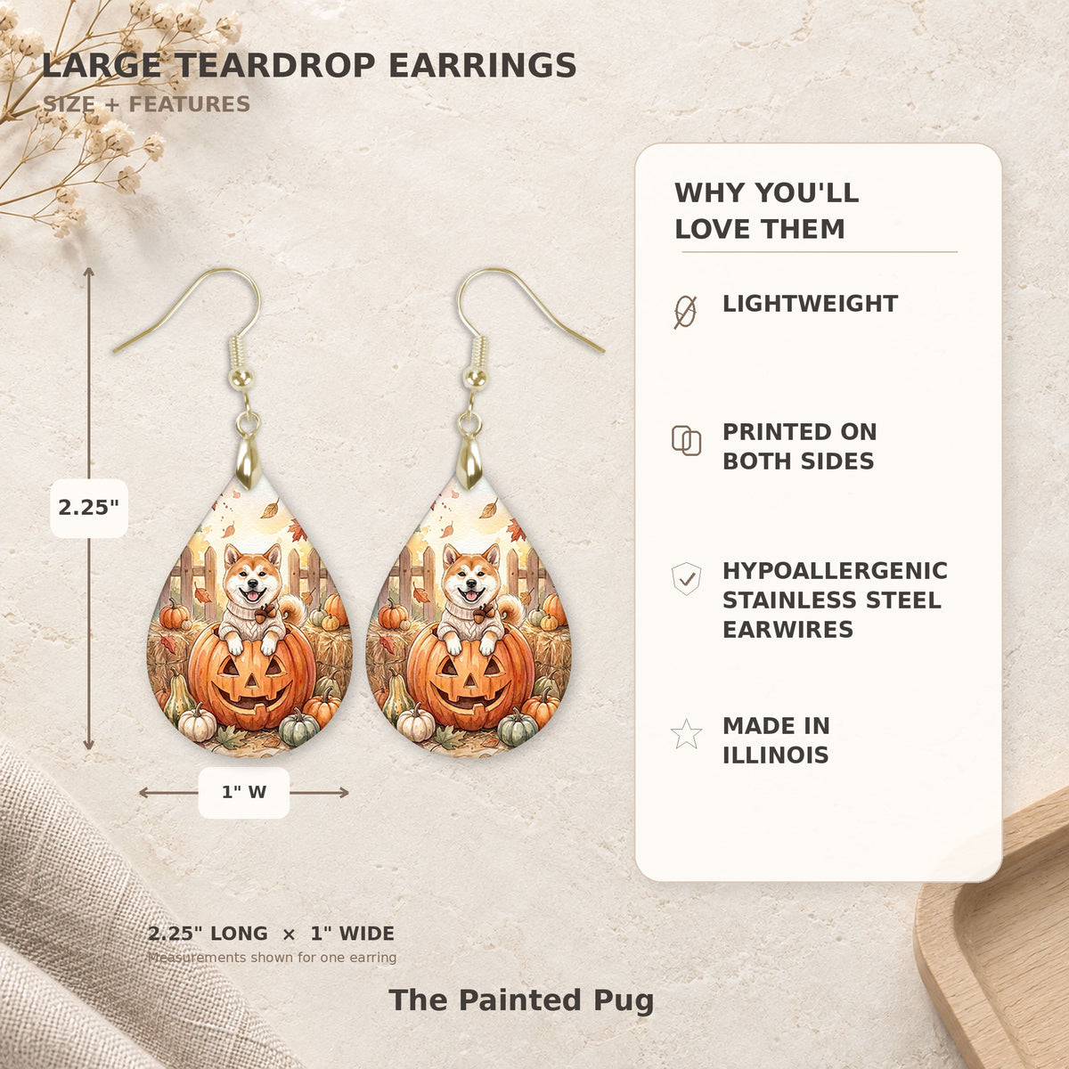 Size and features guide for the Akita pumpkin teardrop earrings, 2.25 inches long by 1 inch wide