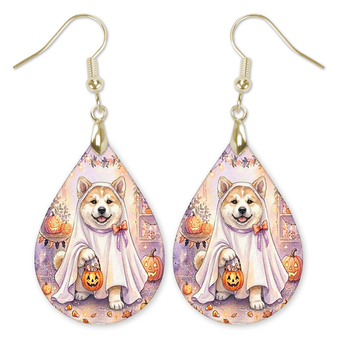 Akita in a ghost costume with a candy bucket teardrop earrings with gold-tone hooks