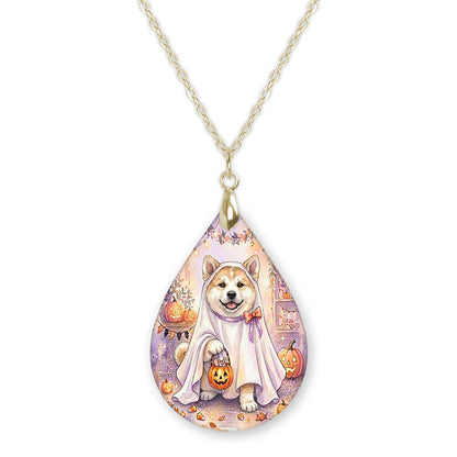 Akita ghost teardrop pendant necklace on a gold-tone chain