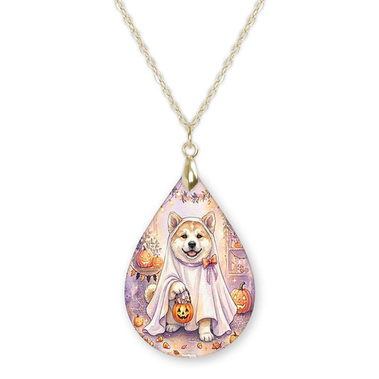 Akita ghost teardrop pendant necklace on a gold-tone chain