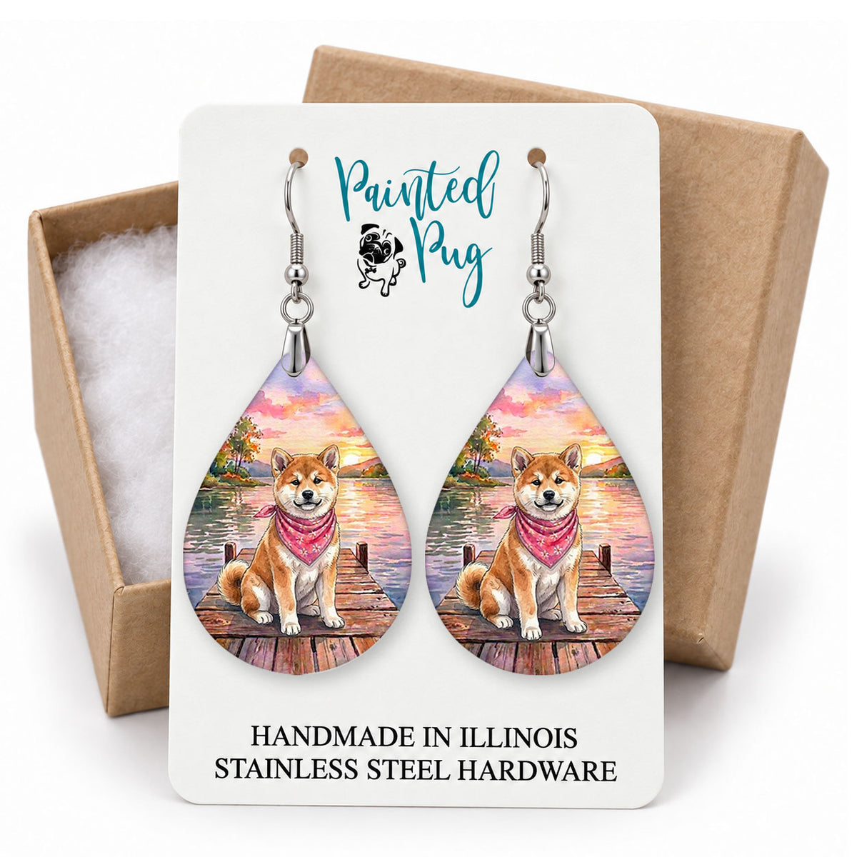 Akita lake teardrop earrings on a Painted Pug earring card with a kraft gift box