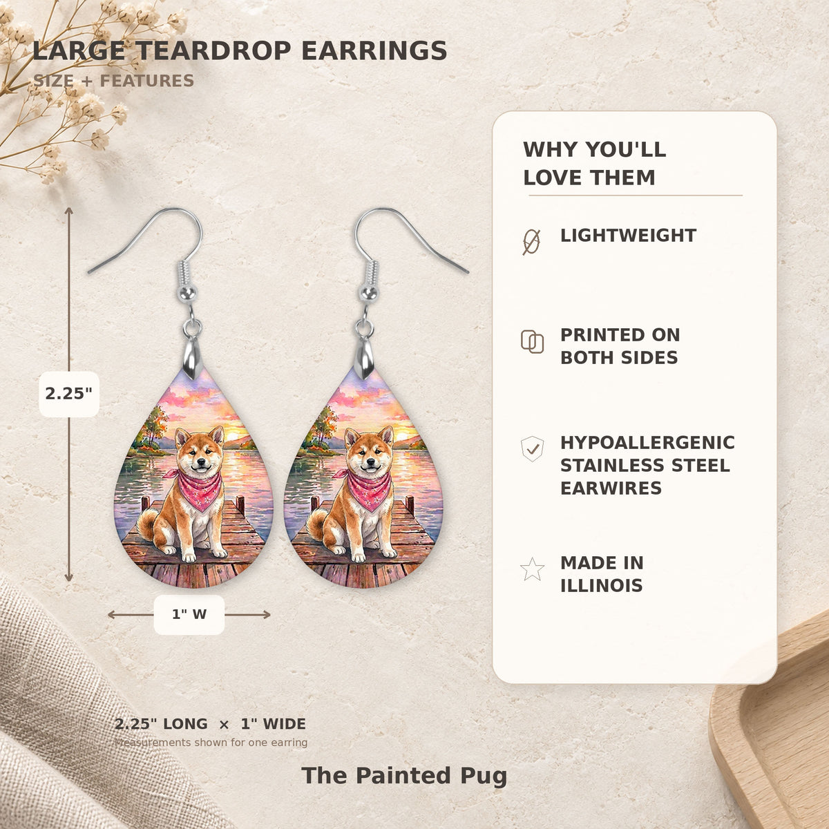 Size and features guide for the Akita lake teardrop earrings, 2.25 inches long by 1 inch wide