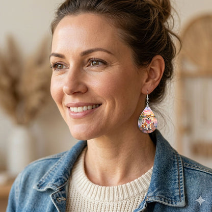 Woman wearing Akita lake teardrop earrings with silver-tone hooks