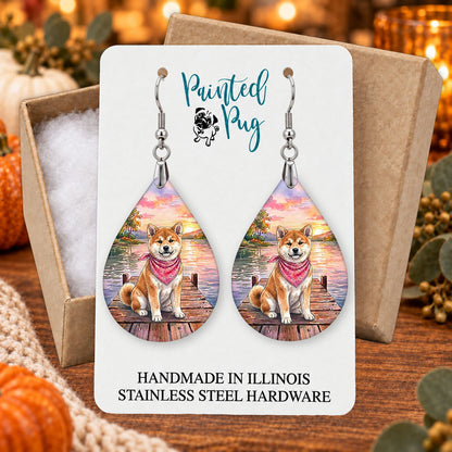Akita lake teardrop earrings gift boxed on a seasonal background