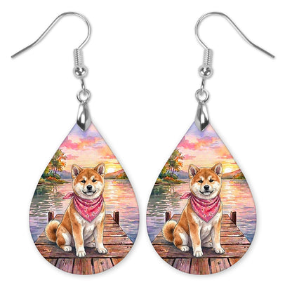 Akita on a dock at a lake sunset teardrop earrings with silver-tone hooks