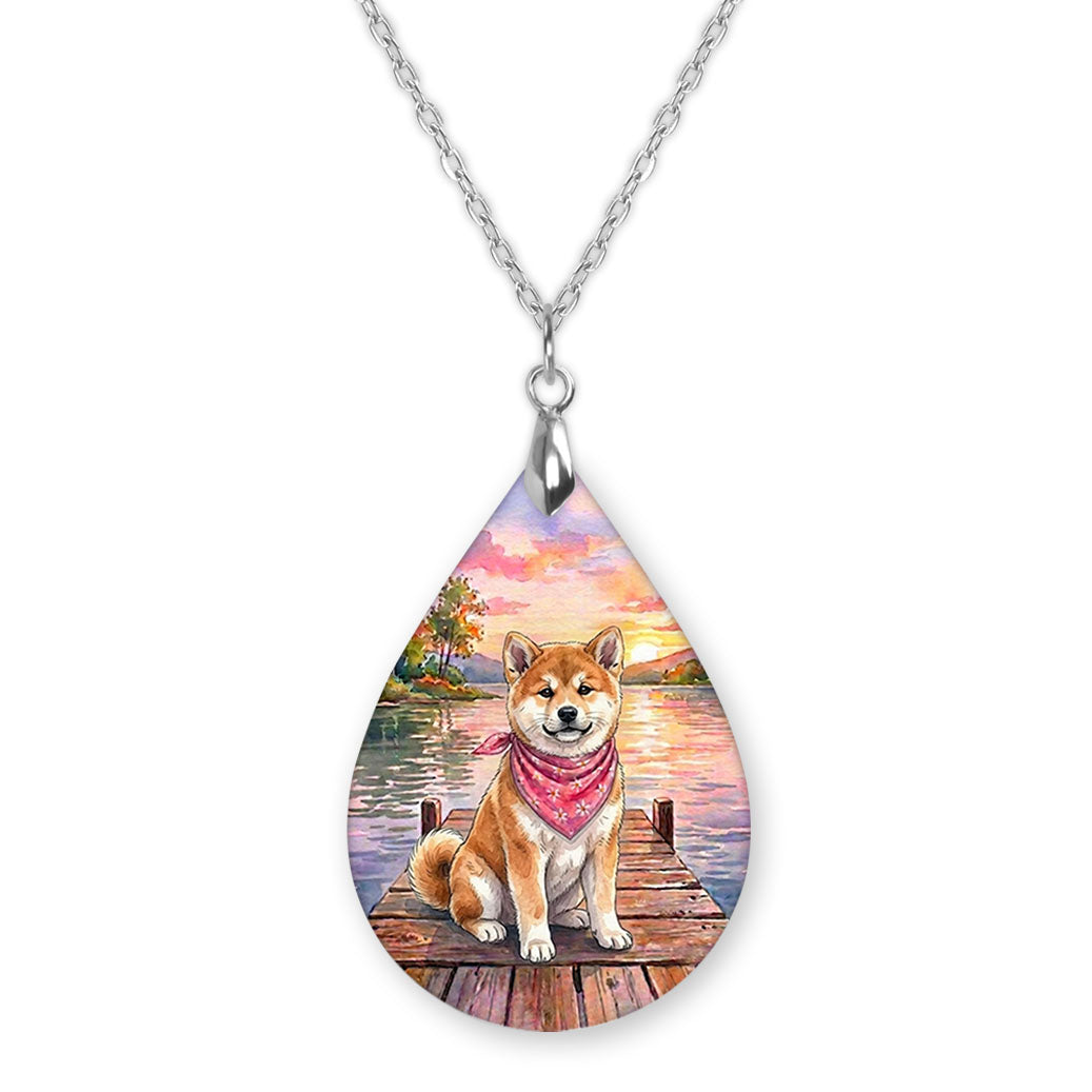 Akita lake teardrop pendant necklace on a silver-tone chain