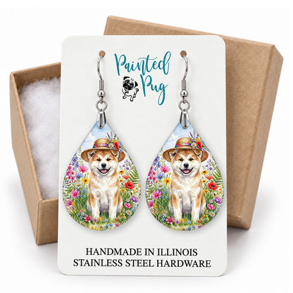 Akita wildflower teardrop earrings on a Painted Pug earring card with a kraft gift box