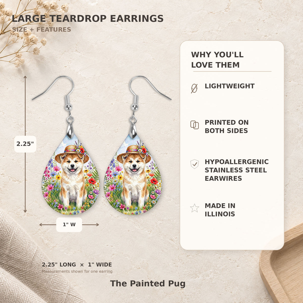 Size and features guide for the Akita wildflower teardrop earrings, 2.25 inches long by 1 inch wide