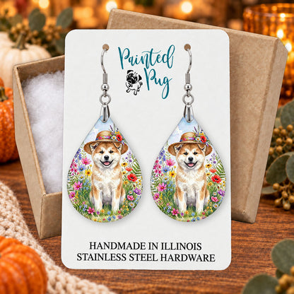 Akita wildflower teardrop earrings gift boxed on a seasonal background