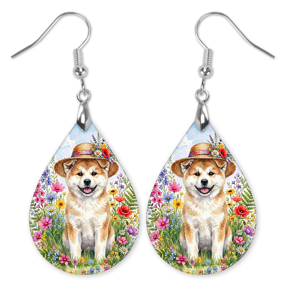 Akita in a straw hat among wildflowers teardrop earrings with silver-tone hooks