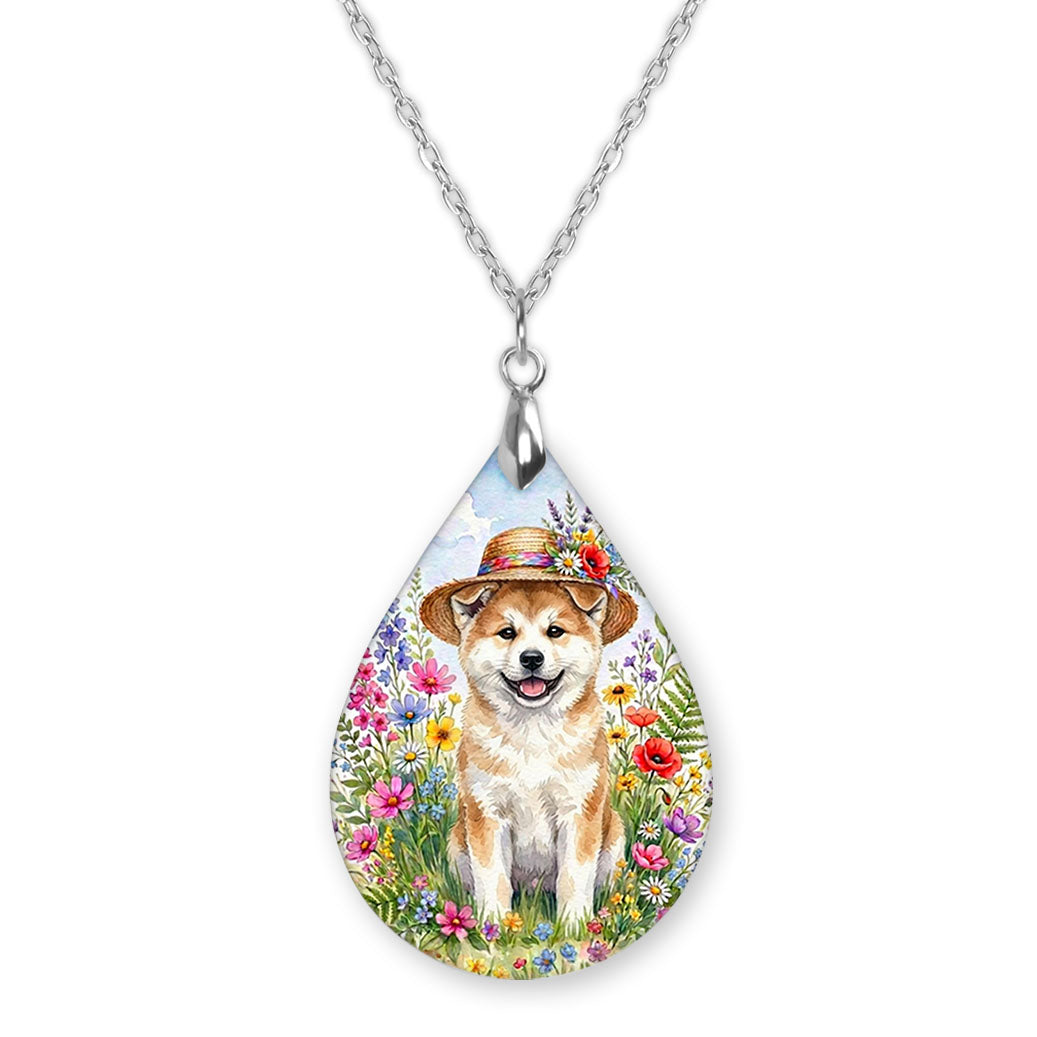 Akita wildflower teardrop pendant necklace on a silver-tone chain