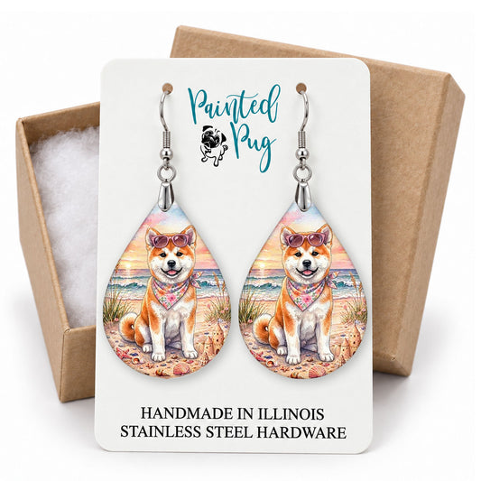 Akita beach teardrop earrings on a Painted Pug earring card with a kraft gift box