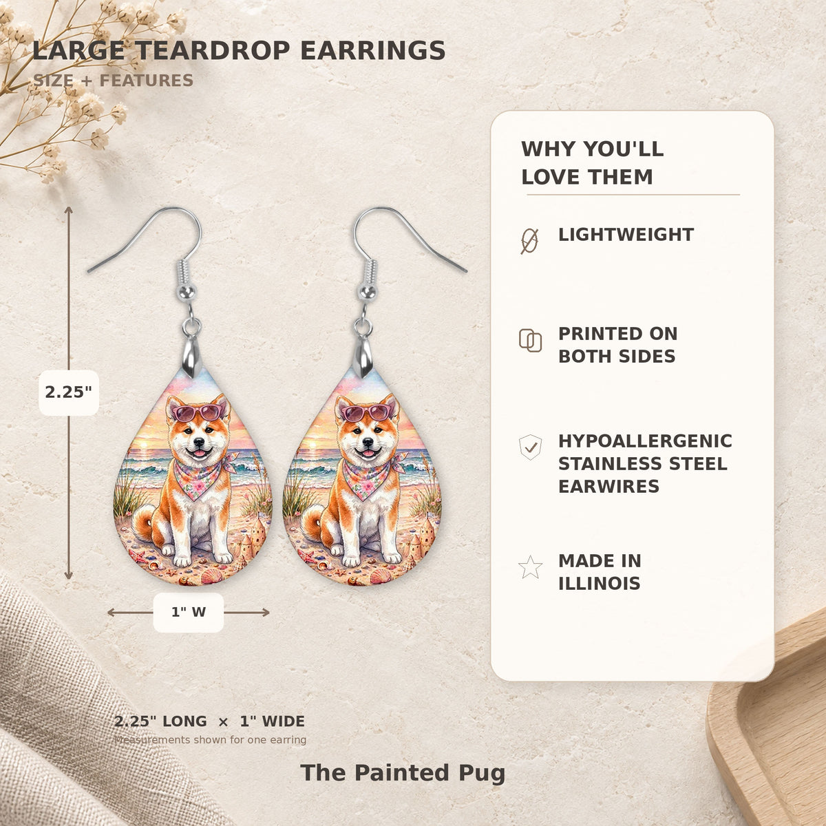 Size and features guide for the Akita beach teardrop earrings, 2.25 inches long by 1 inch wide