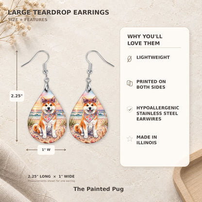 Size and features guide for the Akita beach teardrop earrings, 2.25 inches long by 1 inch wide