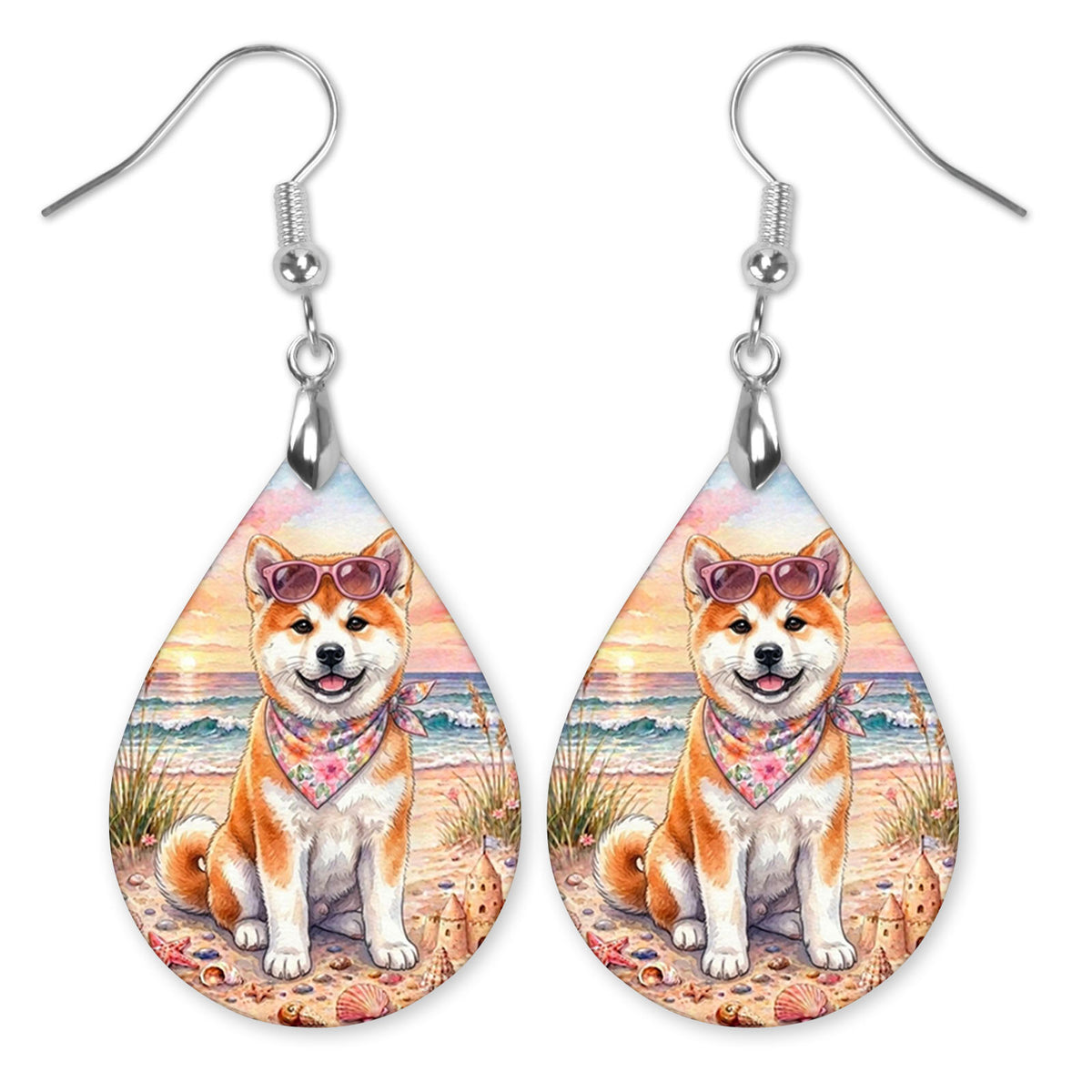 Akita in sunglasses on the beach teardrop earrings with silver-tone hooks