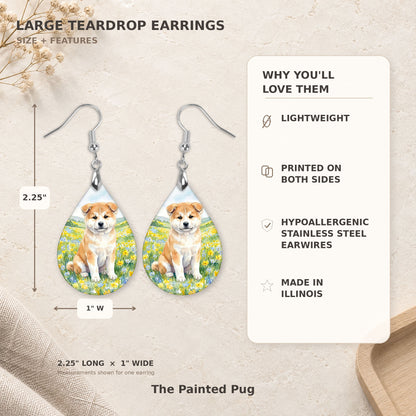 Size and features guide for the Akita spring meadow teardrop earrings, 2.25 inches long by 1 inch wide