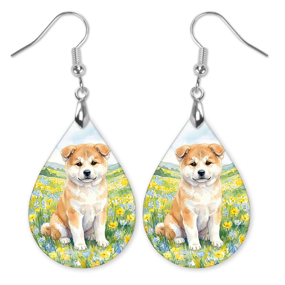 Akita in a spring meadow teardrop earrings with silver-tone hooks