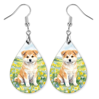 Akita in a spring meadow teardrop earrings with silver-tone hooks