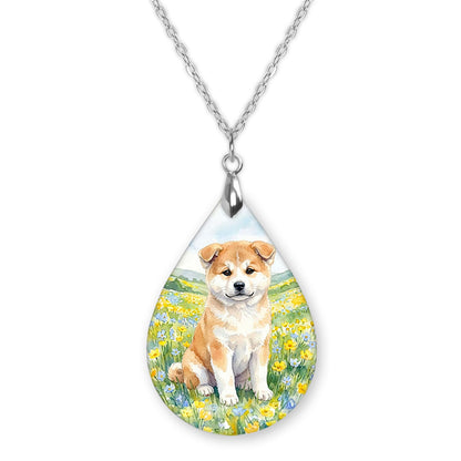 Akita spring meadow teardrop pendant necklace on a silver-tone chain