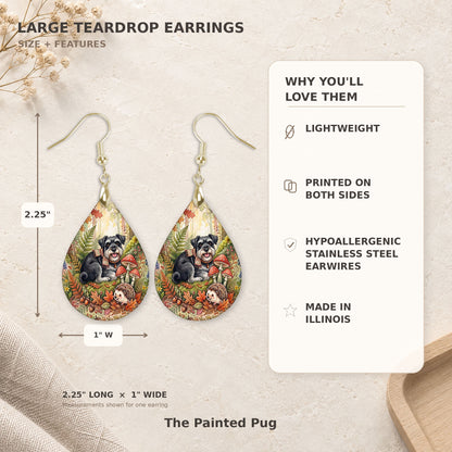 Size and features guide for the Black Schnauzer woodland teardrop earrings, 2.25 inches long by 1 inch wide