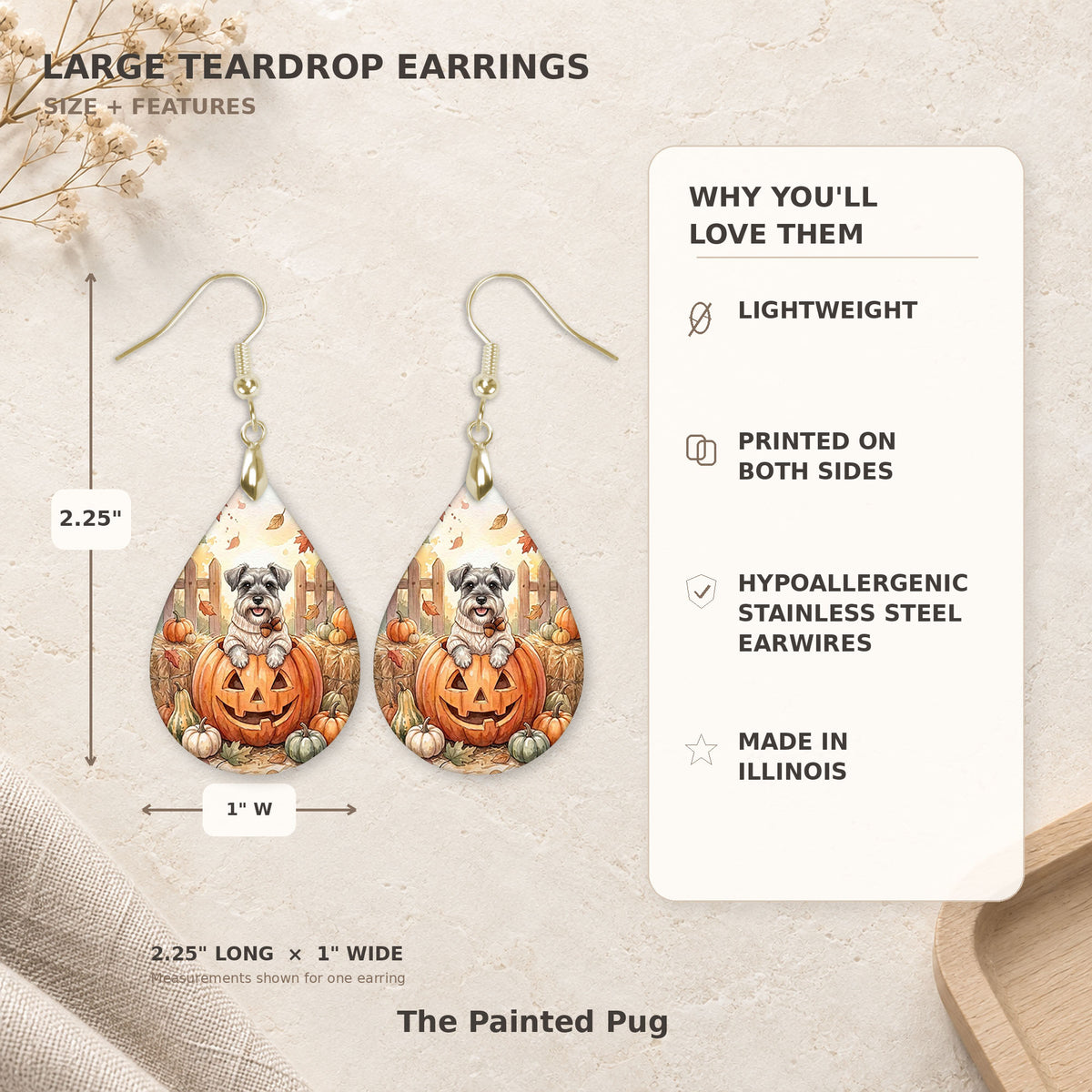 Size and features guide for the Schnauzer pumpkin teardrop earrings, 2.25 inches long by 1 inch wide