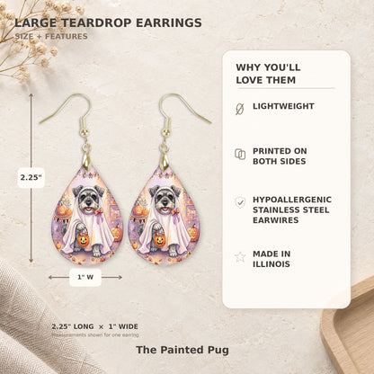 Size and features guide for the Schnauzer ghost teardrop earrings, 2.25 inches long by 1 inch wide