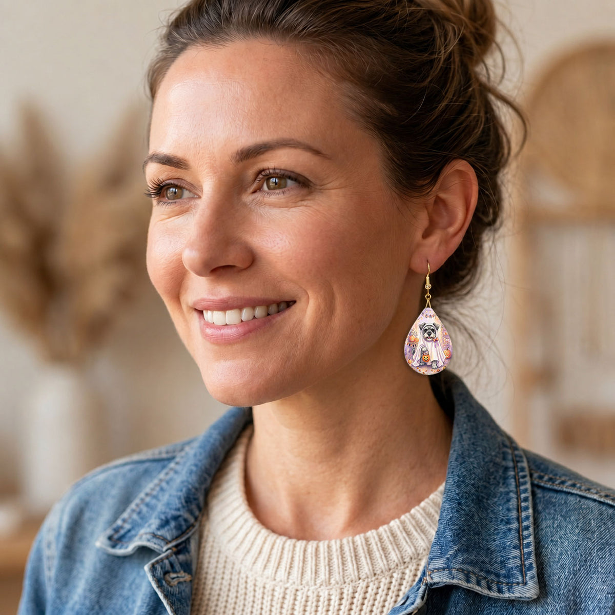 Model wearing Schnauzer ghost teardrop earrings with gold-tone hooks