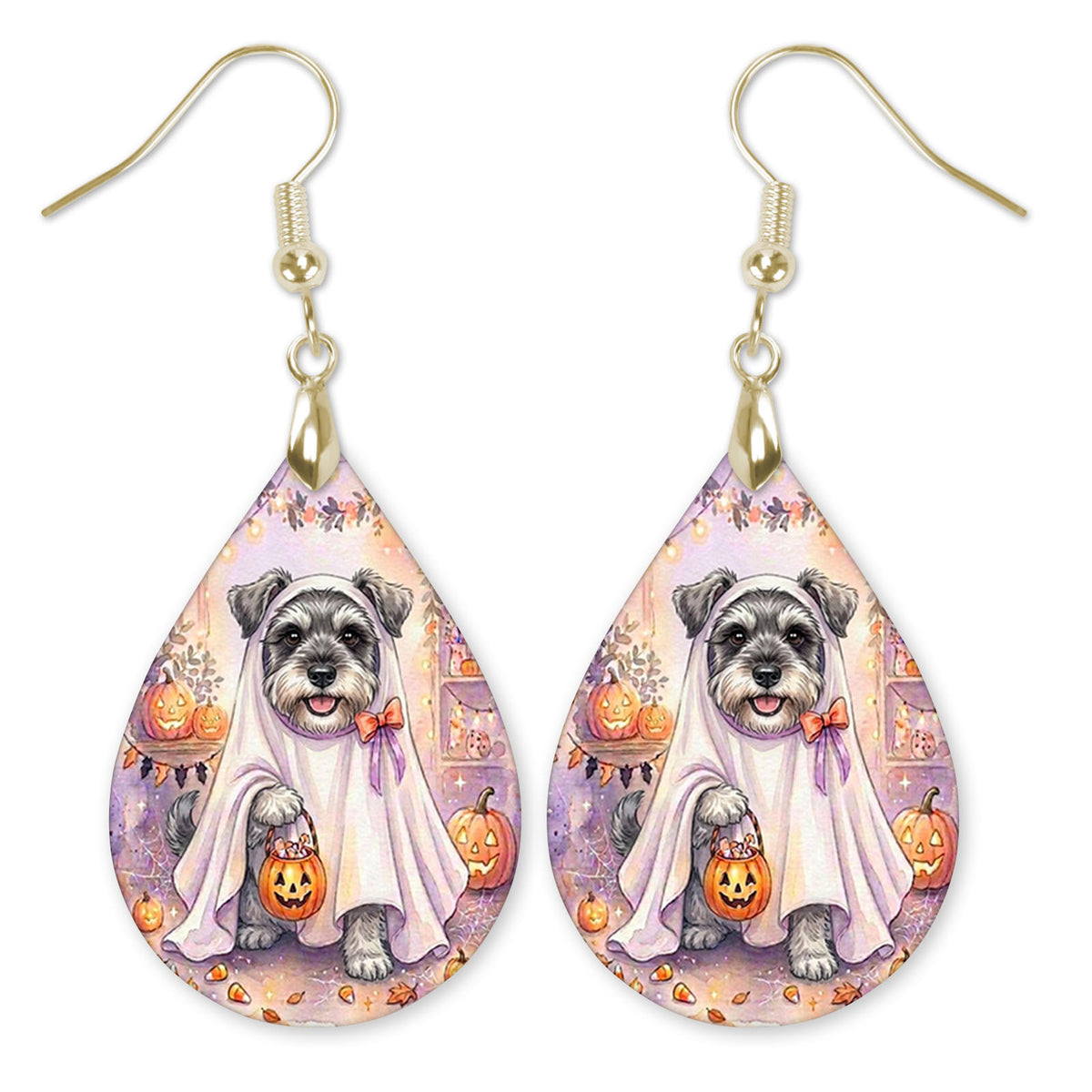 Schnauzer in a ghost costume with a candy bucket teardrop earrings with gold-tone hooks
