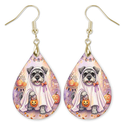 Schnauzer in a ghost costume with a candy bucket teardrop earrings with gold-tone hooks