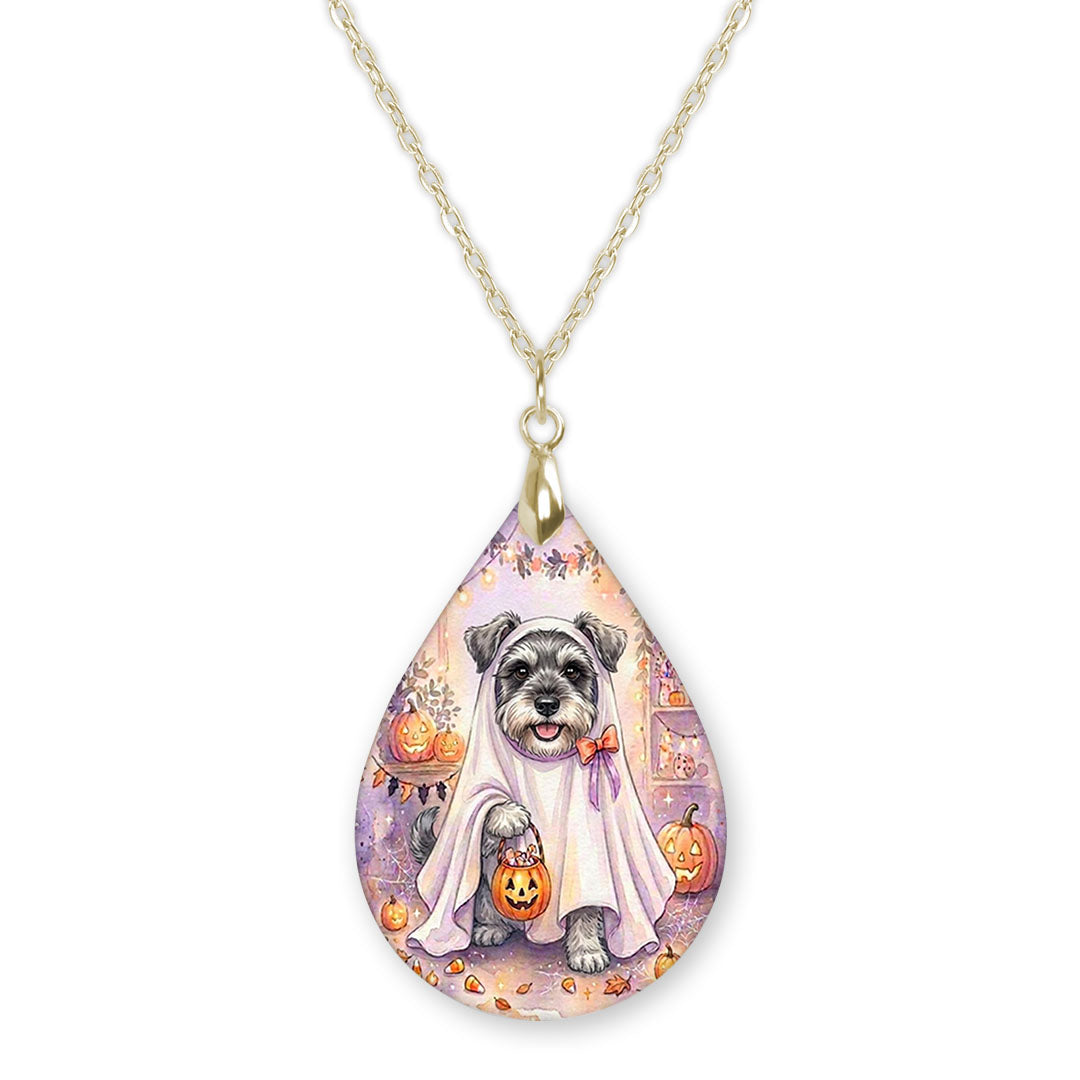 Schnauzer ghost teardrop pendant necklace on a gold-tone chain