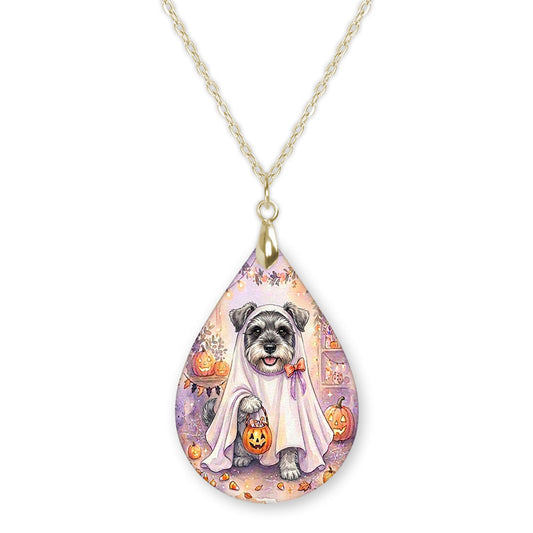 Schnauzer ghost teardrop pendant necklace on a gold-tone chain
