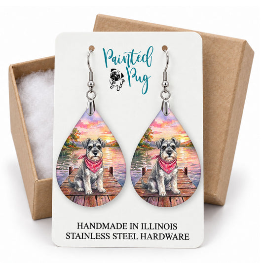 Schnauzer lake teardrop earrings on a Painted Pug earring card with a kraft gift box