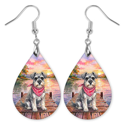 Schnauzer on a dock at a lake sunset teardrop earrings with silver-tone hooks