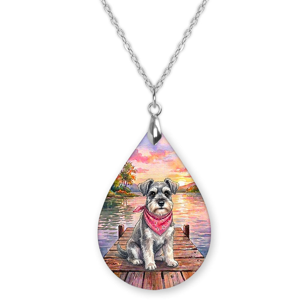 Schnauzer lake teardrop pendant necklace on a silver-tone chain