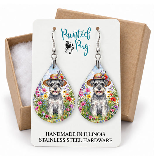 Schnauzer wildflower teardrop earrings on a Painted Pug earring card with a kraft gift box